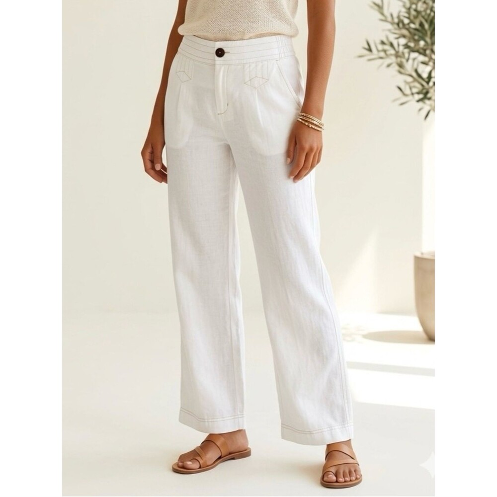 Athleta Linen Wide Leg White Elastic Inside Drawstring Waist Pants Resort SZ L - Picture 2 of 16